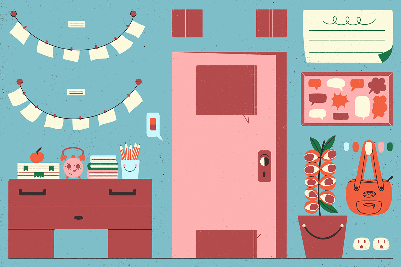 Ilustra&ccedil;&atilde;o de elementos de sala de aula sobre fundo s&oacute;lido.