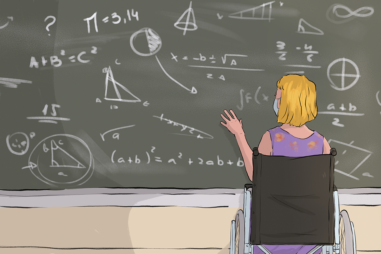 Ilustra&ccedil;&atilde;o de professora em cadeira de rodas, anotando e analisando equa&ccedil;&otilde;es na lousa.