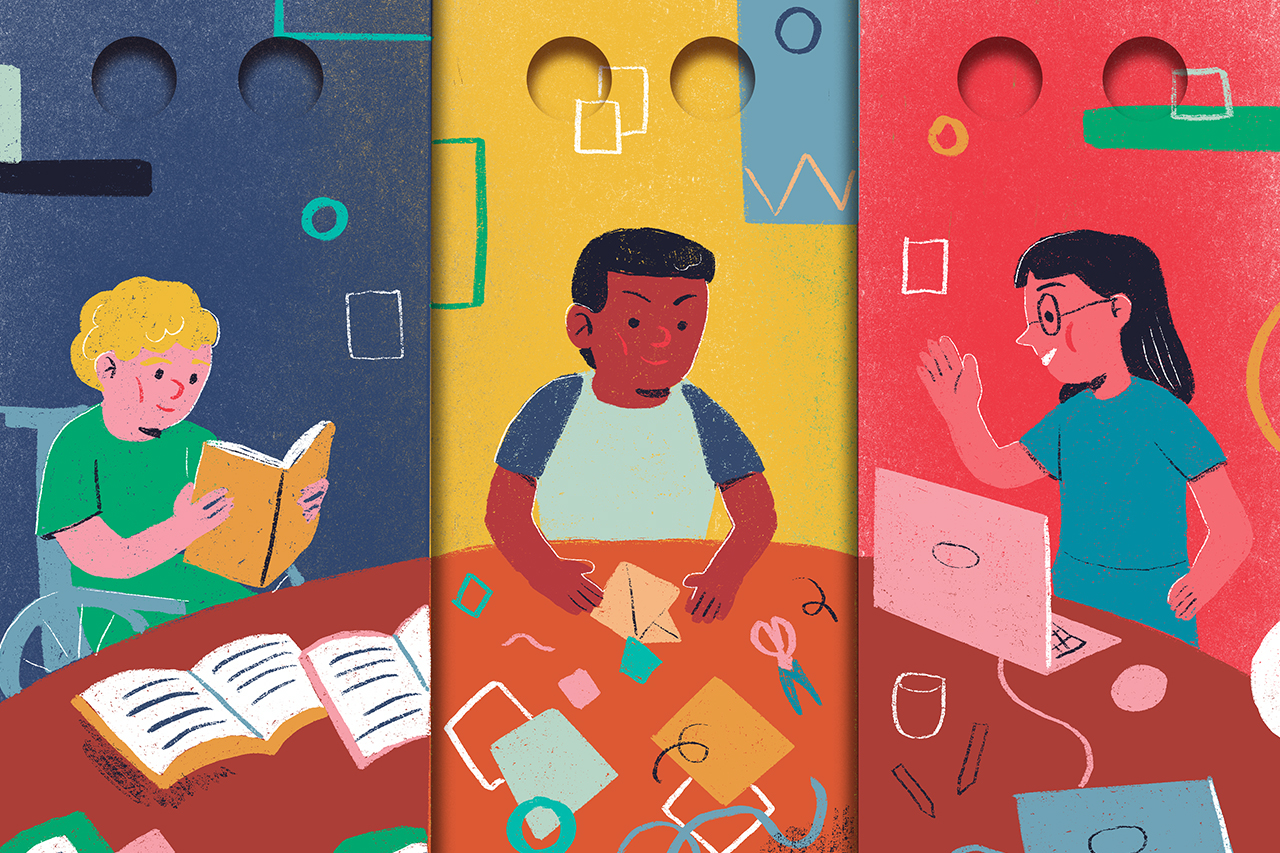 Ilustra&ccedil;&atilde;o abstrata de alunos em diferentes atividades e em diferentes ambientes.