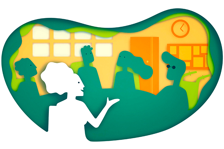 Ilustra&ccedil;&atilde;o de mesa redonda com gestores e professores da Educa&ccedil;&atilde;o Infantil.