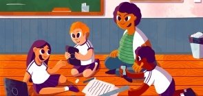 Ilustração de três crianças sentados no chão em roda com a professora. No chão, há diversos materiais, como papel e tesoura