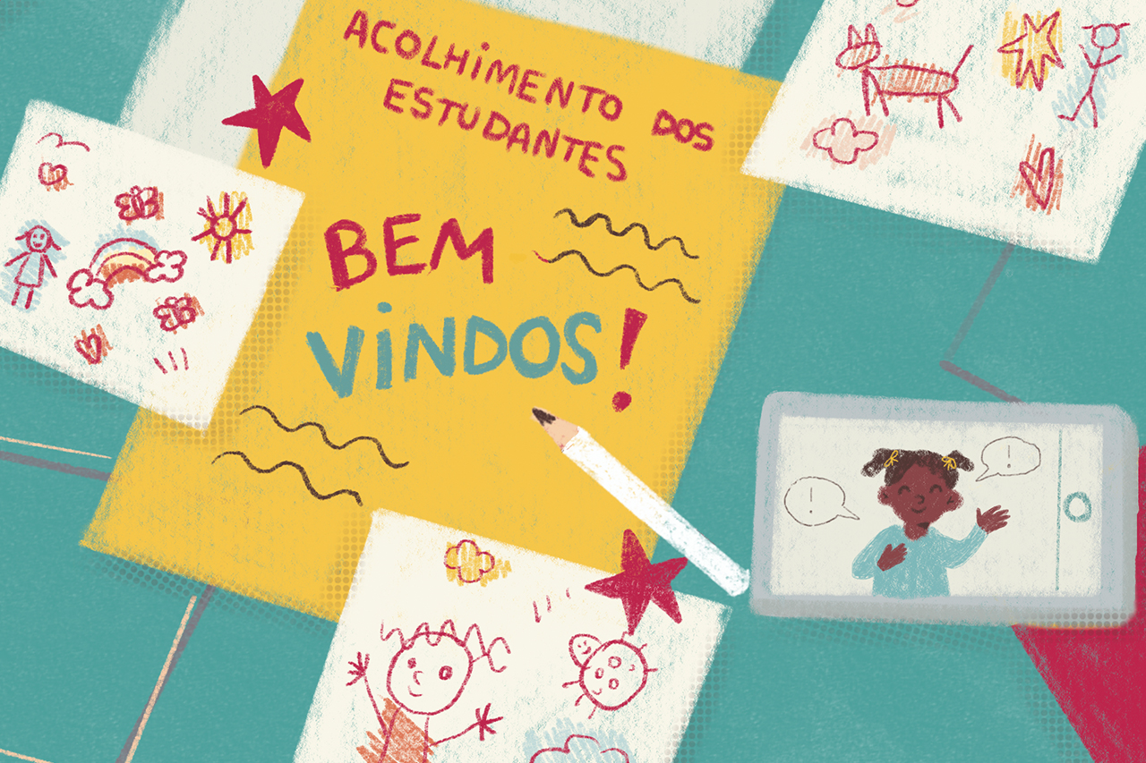 Ilustra&ccedil;&atilde;o de mesa com fotografias, celular (em v&iacute;deo chamada) e cartazes de boas vindas