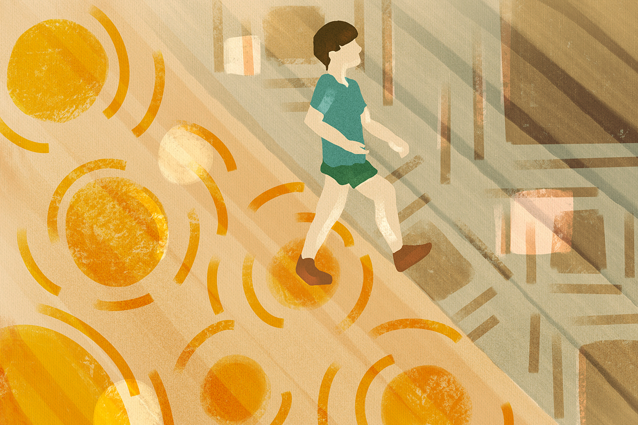 Ilustra&ccedil;&atilde;o digital simulando pintura manual de aluno andando sobre fundo abstrato.