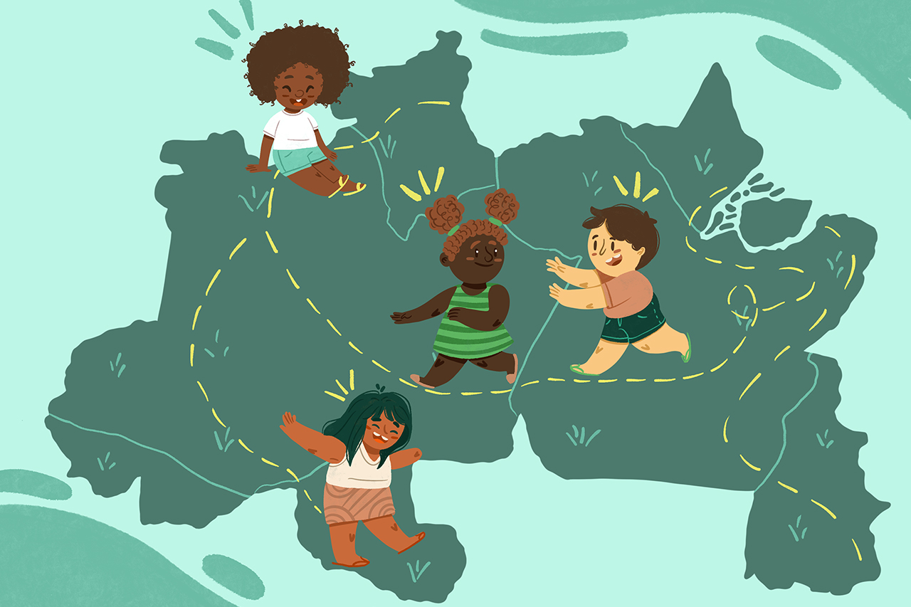 Ilustra&ccedil;&atilde;o de crian&ccedil;as brincando sobre mapa gigante do Brasil, com foco nas regi&otilde;es Norte e Nordeste.