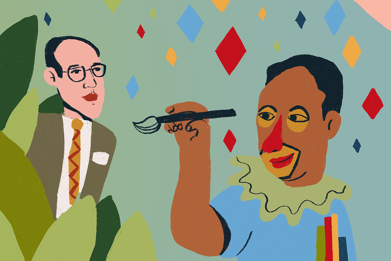 Ilustra&ccedil;&atilde;o de Mario de Andrade sendo desenhado por um artista.