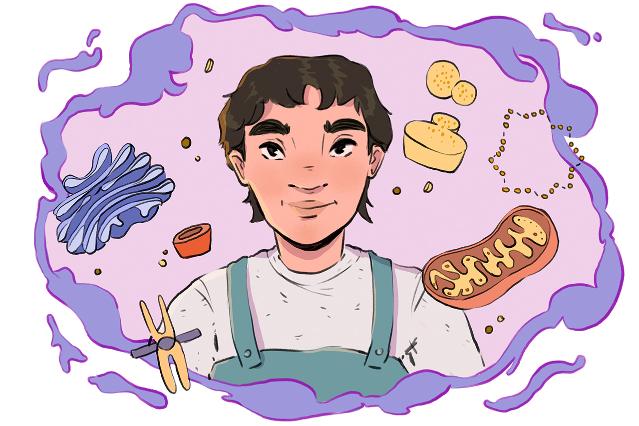 Ilustra&ccedil;&atilde;o abstrata de aluno com elementos cient&iacute;ficos e org&acirc;nicos flutuando ao redor.