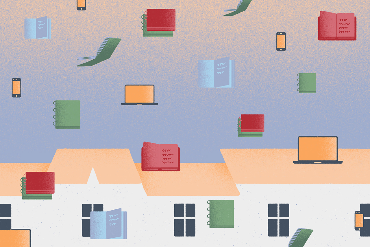 Ilustra&ccedil;&atilde;o abstrata de livros flutuando ao redor de casas.