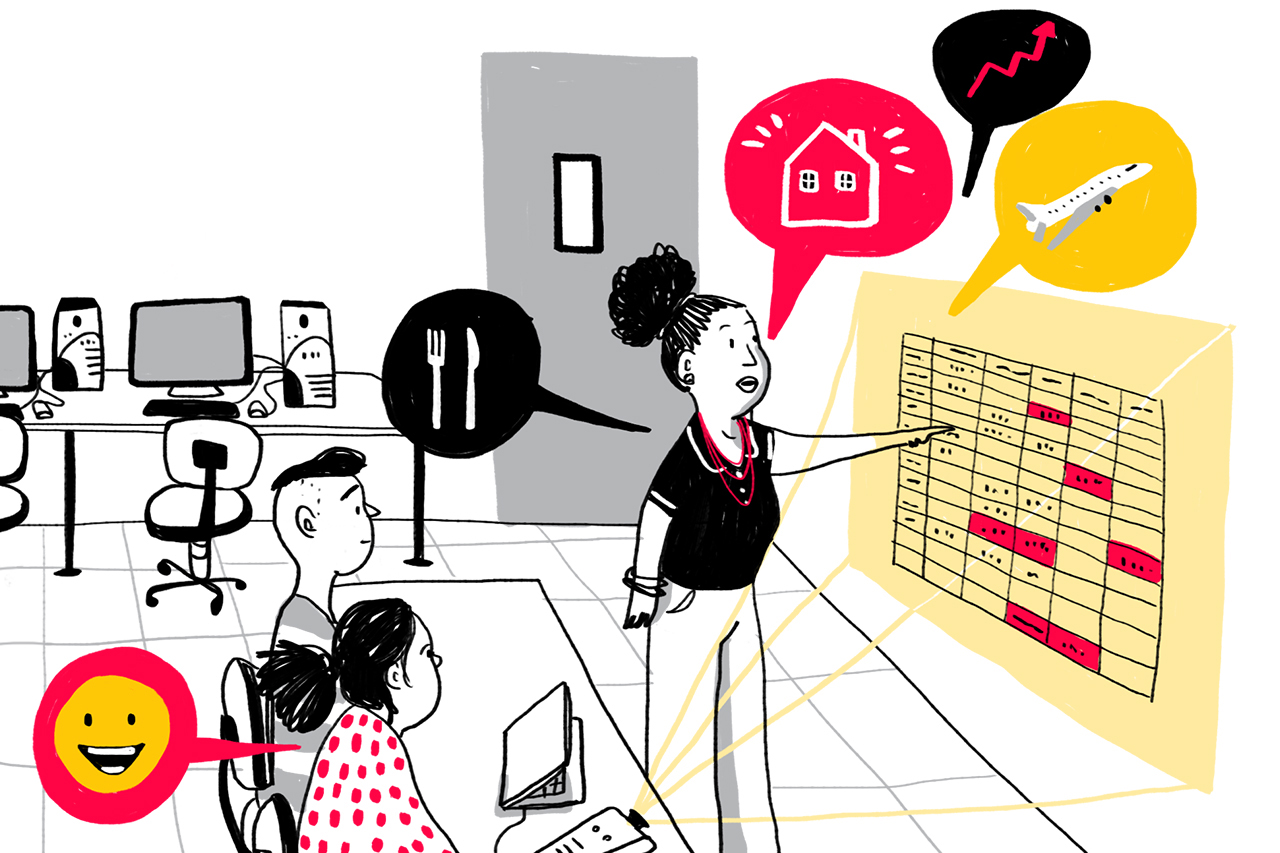 Ilustra&ccedil;&atilde;o de professora apresentando planilha de gastos para os alunos na sala de inform&aacute;tica.