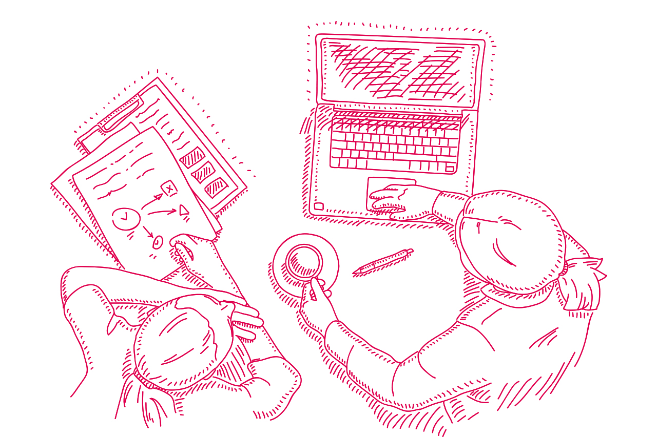 Ilustra&ccedil;&atilde;o em linha de duas mulheres conversando olhando pap&eacute;is e o computador