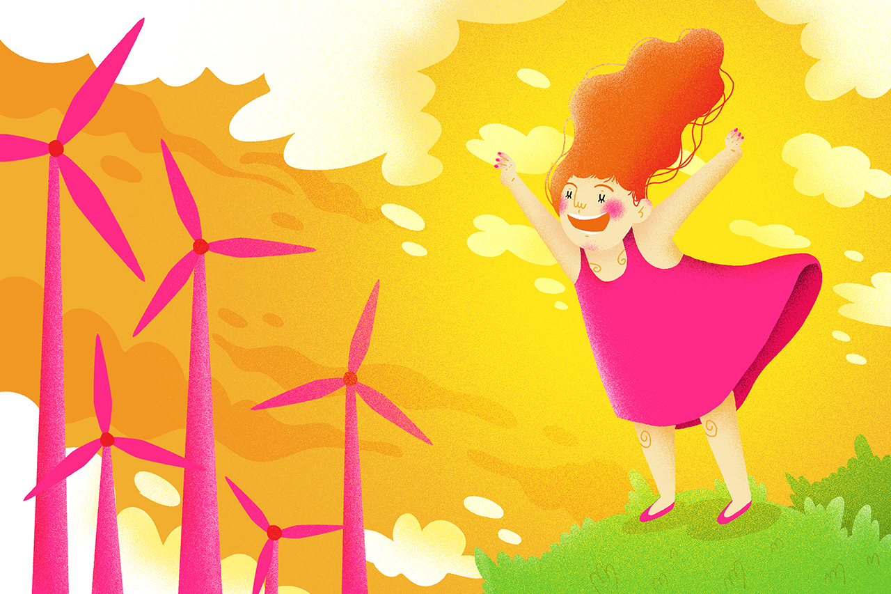 Ilustra&ccedil;&atilde;o de menina em cima de um morro observando as h&eacute;lices que produzem energia e&oacute;lica.