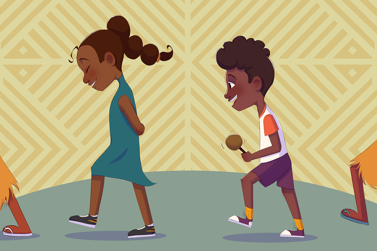 Ilustra&ccedil;&atilde;o de duas crian&ccedil;as dan&ccedil;ando junto a povos ind&iacute;genas.