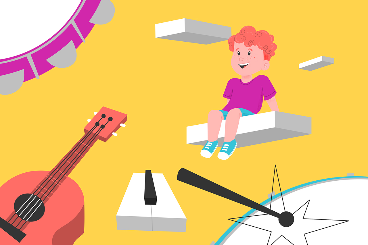 Ilustra&ccedil;&atilde;o abstrata de aluno se mesclando e interagindo a instrumentos musicais e elementos de arte.