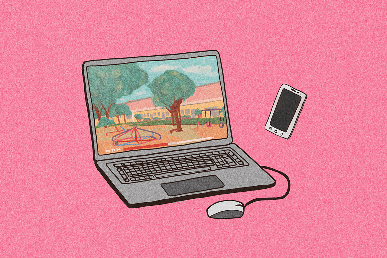 Ilustra&ccedil;&atilde;o de notebook e celular sobre fundo rosa.