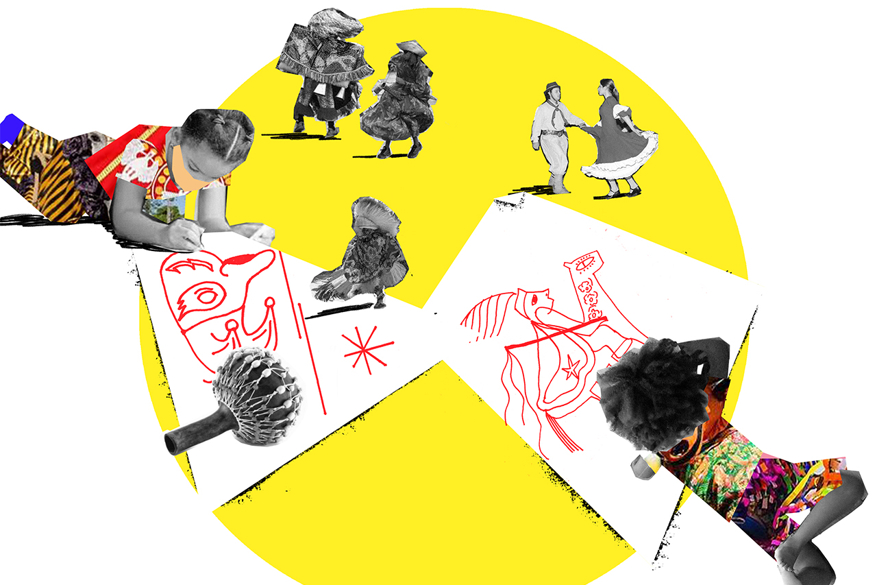 Colagem digital de alunos desenhando a partir do tema carnaval.