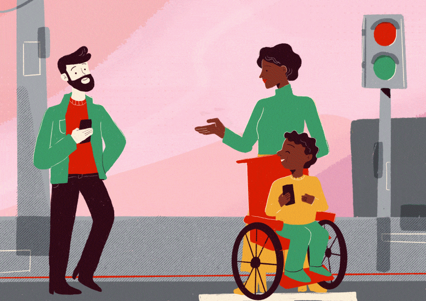 Ilustra&ccedil;&atilde;o animada de homem, mulher e garoto em cadeira de rodas, atravessando a rua em faixa de pedestre.