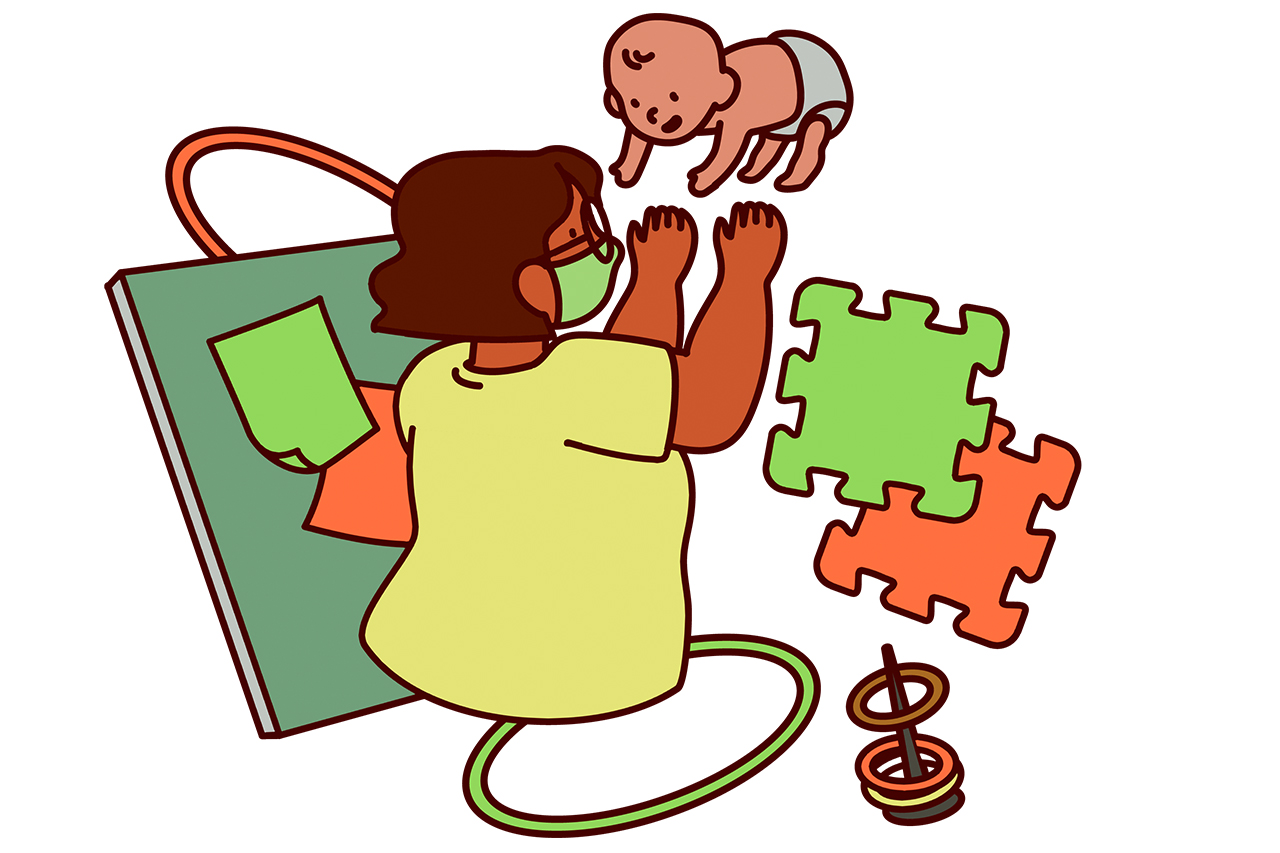 Ilustra&ccedil;&atilde;o abstrata de professora brincando com beb&ecirc;. Objetos de sala flutuando ao redor.