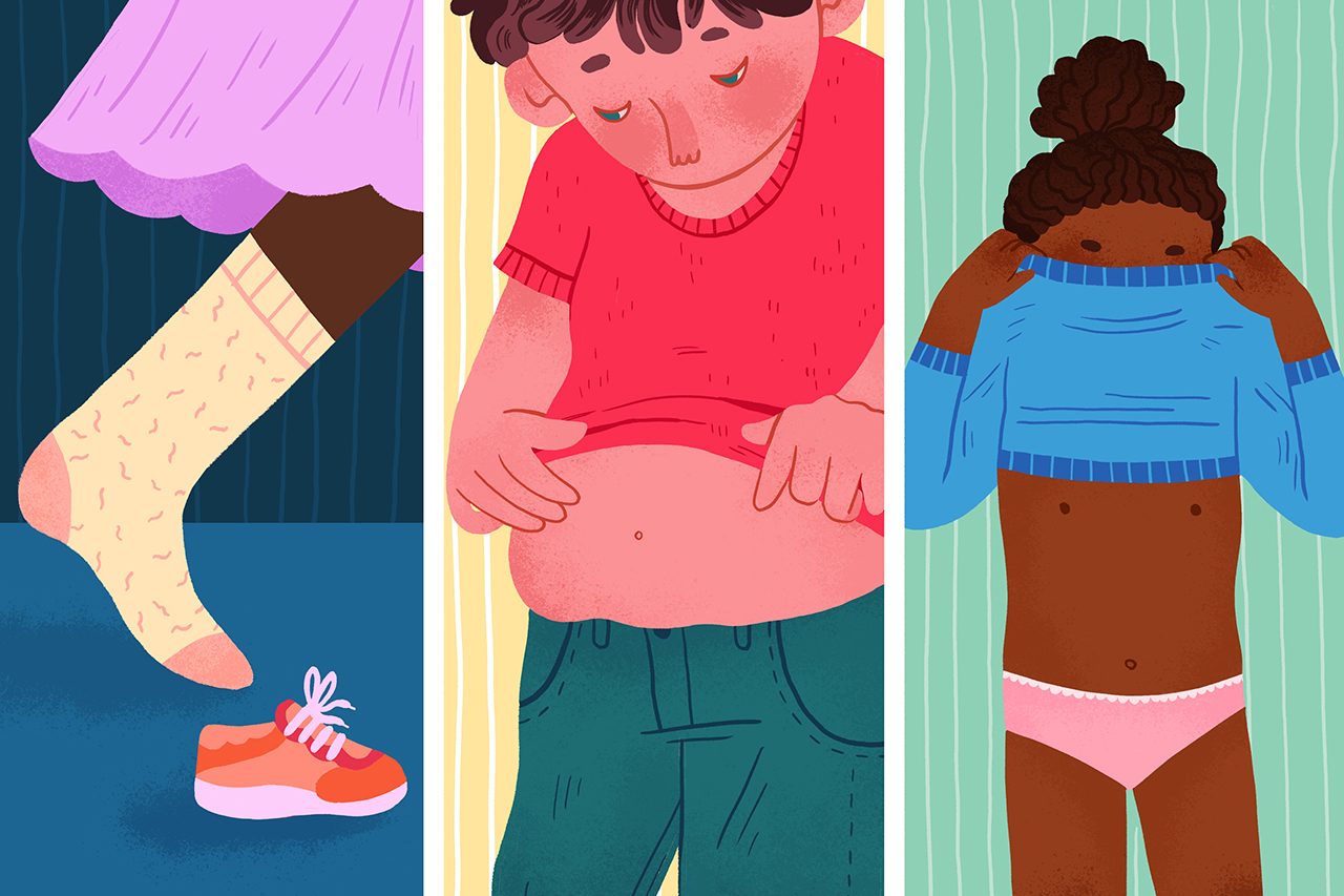 Ilustra&ccedil;&atilde;o de tr&ecirc;s alunos preocupados com suas mudan&ccedil;as corporais relacionadas ao crescimento.