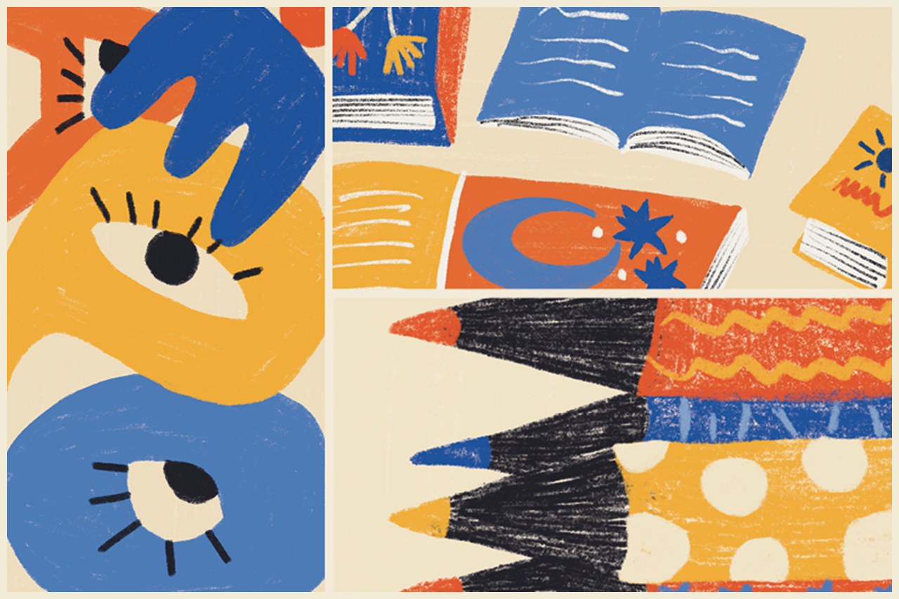 Mosaico com ilustra&ccedil;&otilde;es abstratas sobre alfabetiza&ccedil;&atilde;o.