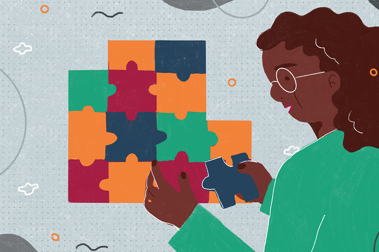 Ilustra&ccedil;&atilde;o de professora usando um quebra-cabe&ccedil;as em sua aula.