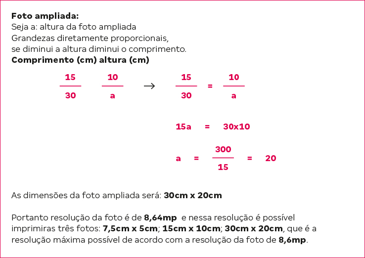 Slide mostrando a resolu&ccedil;&atilde;o da atividade proposta, resultado apresenta que as dimens&otilde;es da foto ampliada &eacute; de 30 cent&iacute;metros por 20 cent&iacute;metros.