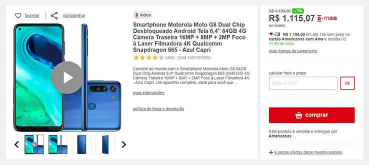 Reprodu&ccedil;&atilde;o de an&uacute;ncio de celular nas Lojas Americanas.