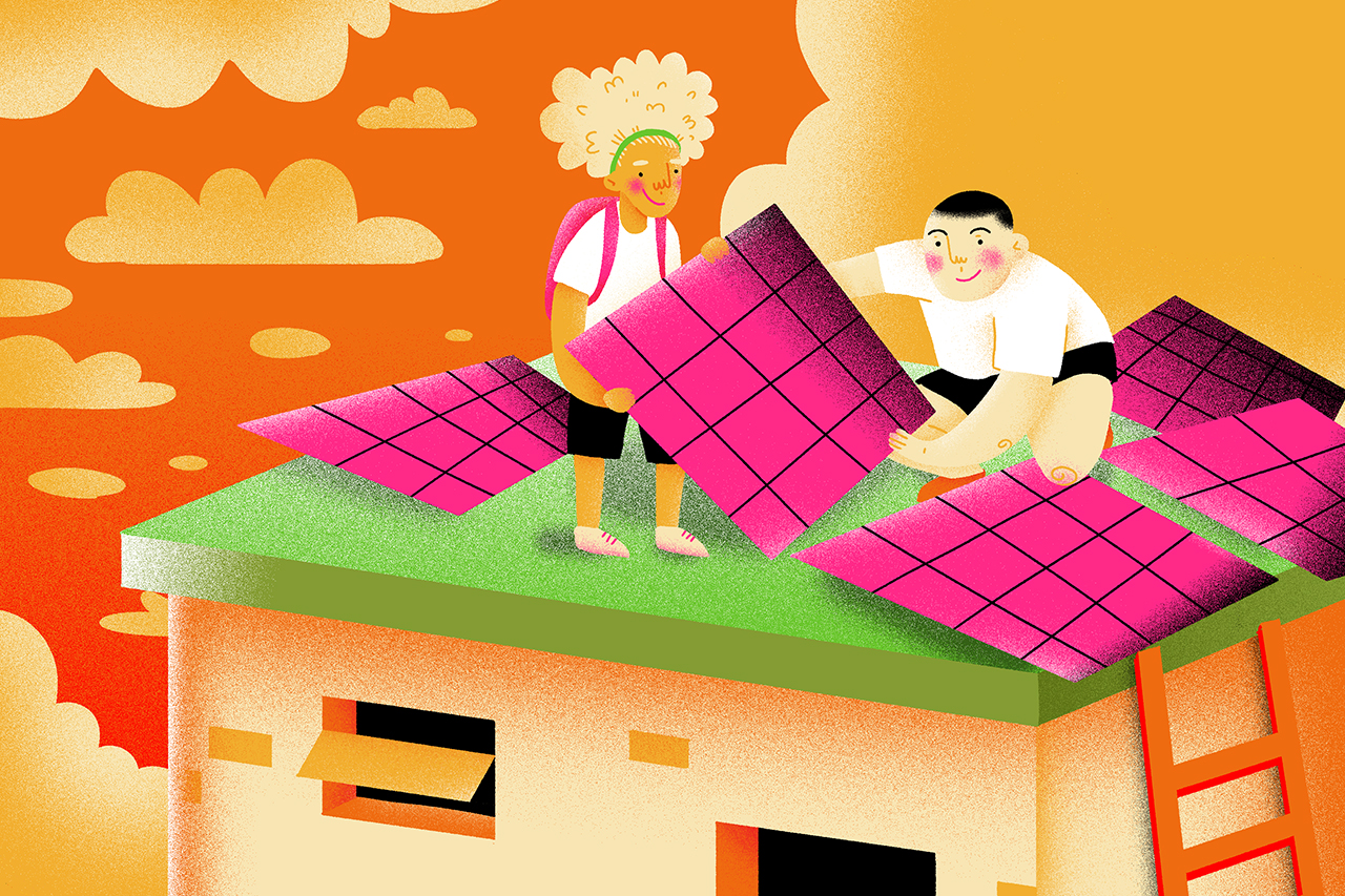 Ilustra&ccedil;&atilde;o de crian&ccedil;as colocando placas de capta&ccedil;&atilde;o solar no telhado de uma casa.