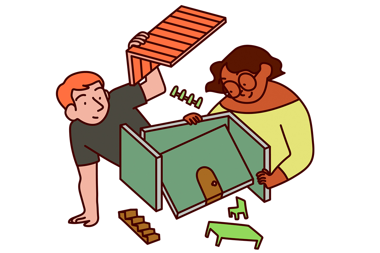 Ilustra&ccedil;&atilde;o abstrata de professores construindo uma casa em miniatura.