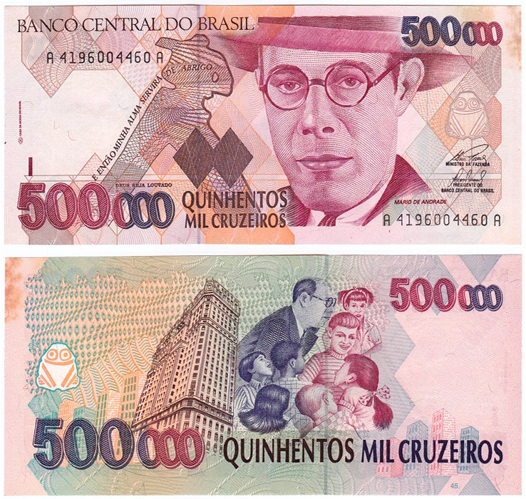 Frente e verso da nota de 500 mil cruzeiros.