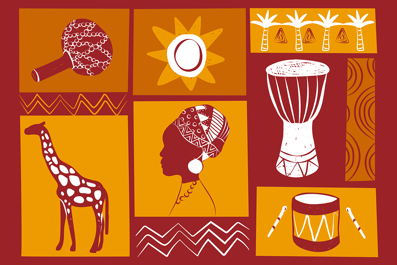 Ilustra&ccedil;&atilde;o abstrata de elementos da cultura angolana.