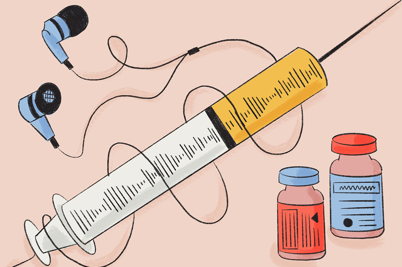 Ilustra&ccedil;&atilde;o de seringas e ampolas de vacina ao lado de fones de ouvido.