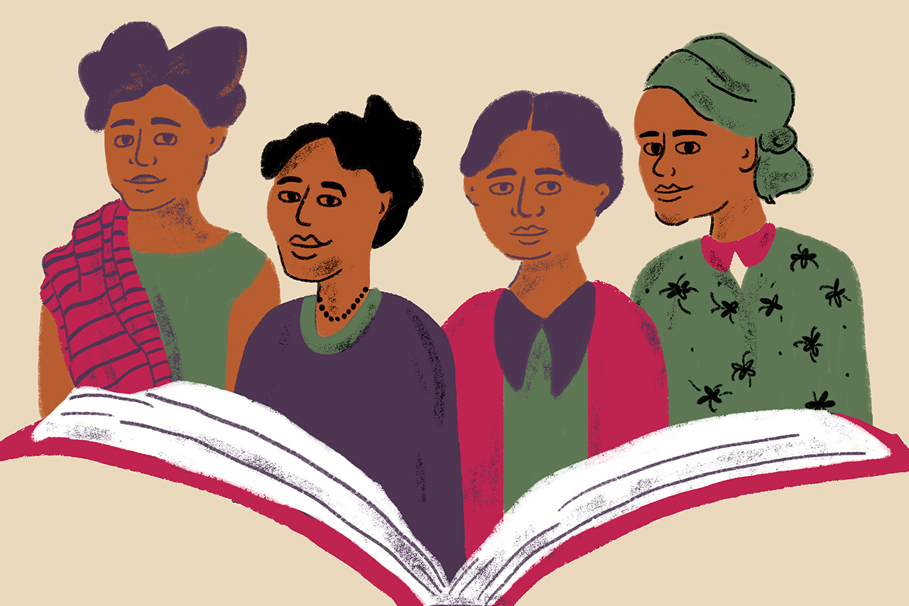 Ilustra&ccedil;&atilde;o de livro aberto onde nele &eacute; poss&iacute;vel ver algumas mulheres acima.