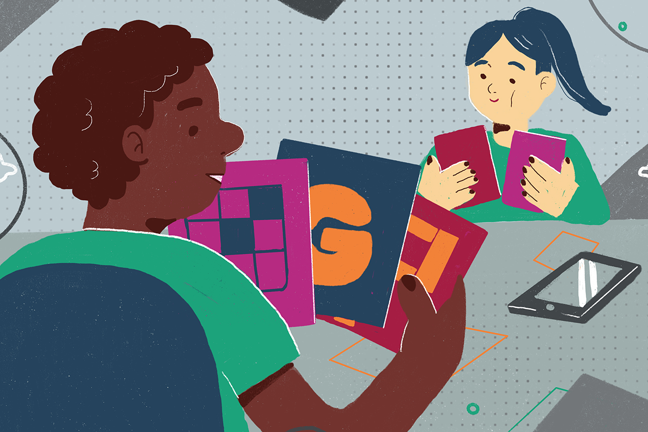 Ilustra&ccedil;&atilde;o de crian&ccedil;as jogando cartas. Nas cartas est&atilde;o impressos os logotipos de plataformas de jogos online.