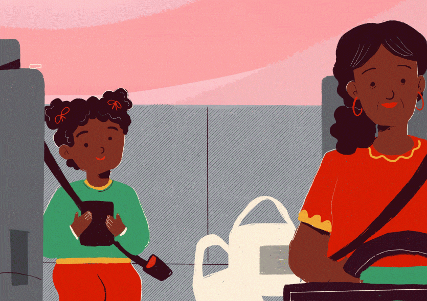 Ilustra&ccedil;&atilde;o animada de m&atilde;e e filha dentro de um carro.