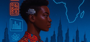 Mulher negra de perfil, com cabelo crespo em estilo afro e um implante cibernético metálico na lateral da cabeça, remetendo a um universo futurista. Ela veste uma túnica com padrões geométricos em tons de vermelho, laranja e azul.