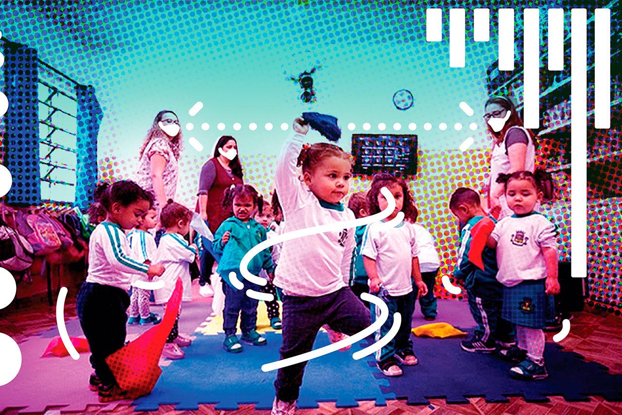 Fotomontagem a partir de fotografia de crian&ccedil;as em creche brincando com tecidos. Ilustra&ccedil;&otilde;es em linhas se sobrep&otilde;e a fotografia simulando movimento.
