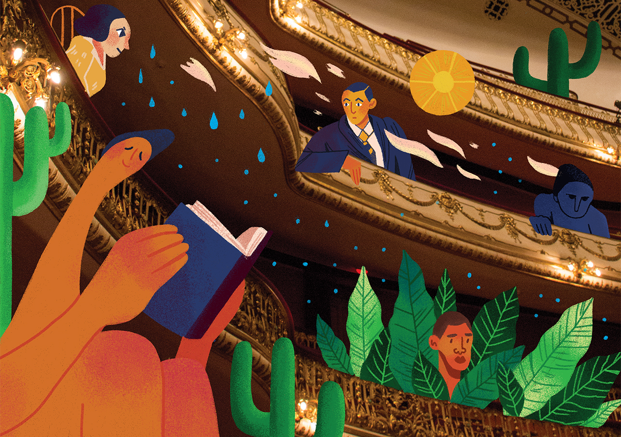 Uma plat&eacute;ia inquieta acompanha as apresenta&ccedil;&otilde;es da noite com curiosidade: "Abaporu", de Tarsila do Amaral; "Bananal", de Lasar Segall; "A Boba" e "O Homem Amarelo", de Anita Malfatti; e "&Iacute;dolo", de Victor Brecheret.