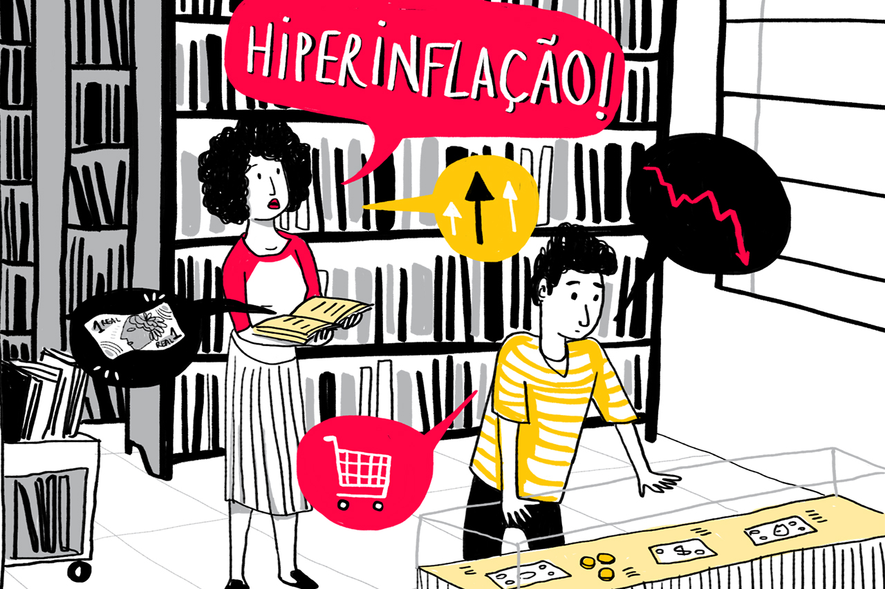Ilustra&ccedil;&atilde;o de aluno e professora na biblioteca, olhando para algumas notas de dinheiro brasileiro enquanto a professora fala sobre hiperinfla&ccedil;&atilde;o.