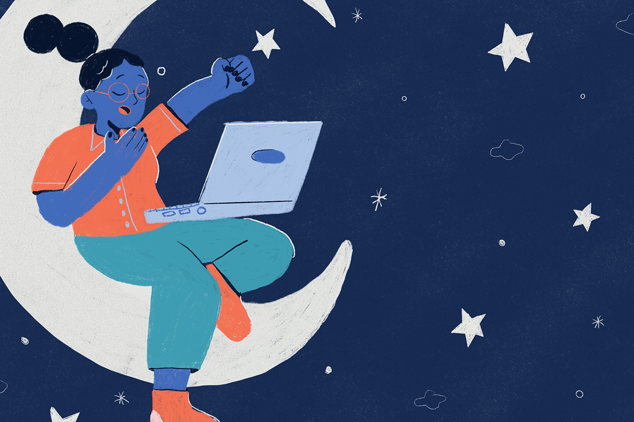 Ilustra&ccedil;&atilde;o abstrata de professora sentada sobre a lua se preparando para dormir.