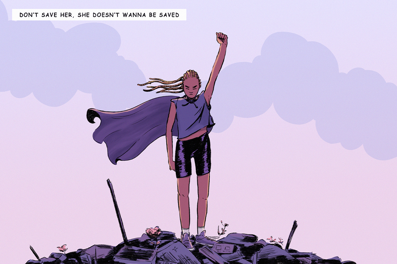 Ilustra&ccedil;&atilde;o de menina sobre pilha de objetos com bra&ccedil;o levantando sinalizando sua vit&oacute;ria.