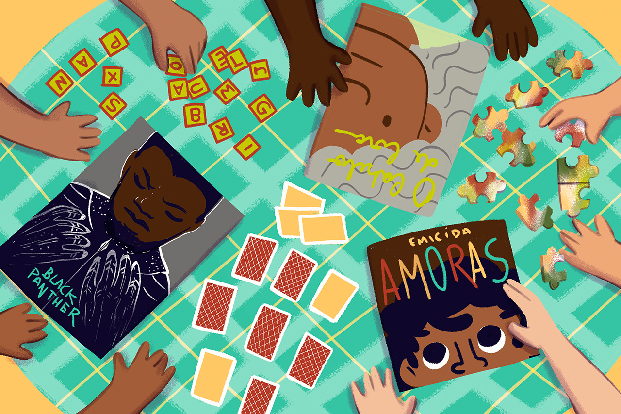 Ilustra&ccedil;&atilde;o de livros, onde temos protagonistas negros, dispostos sobre uma mesa.