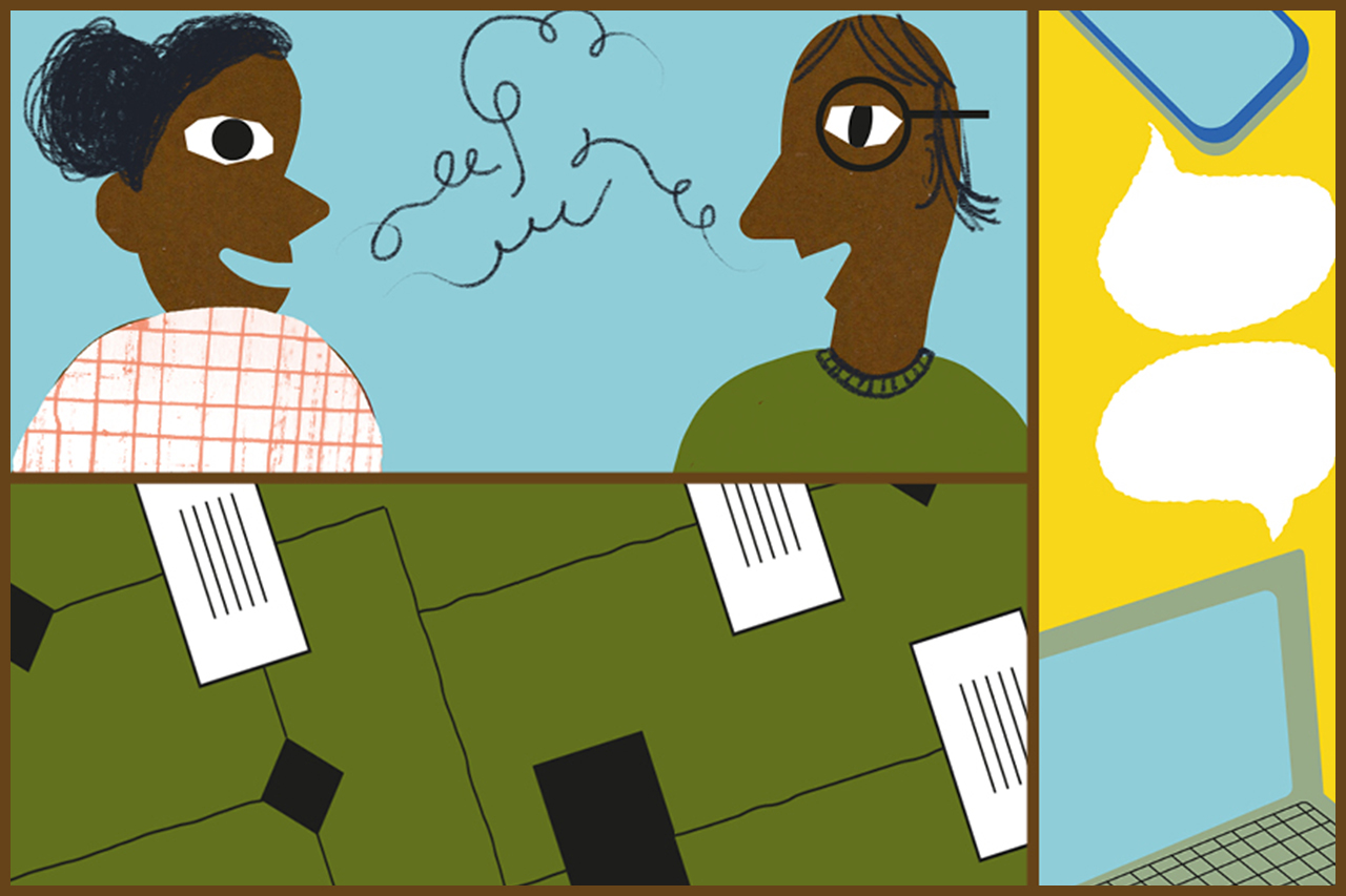 Mosaico composto por ilustra&ccedil;&otilde;es de professores conversando em momentos da semana pedag&oacute;gica.