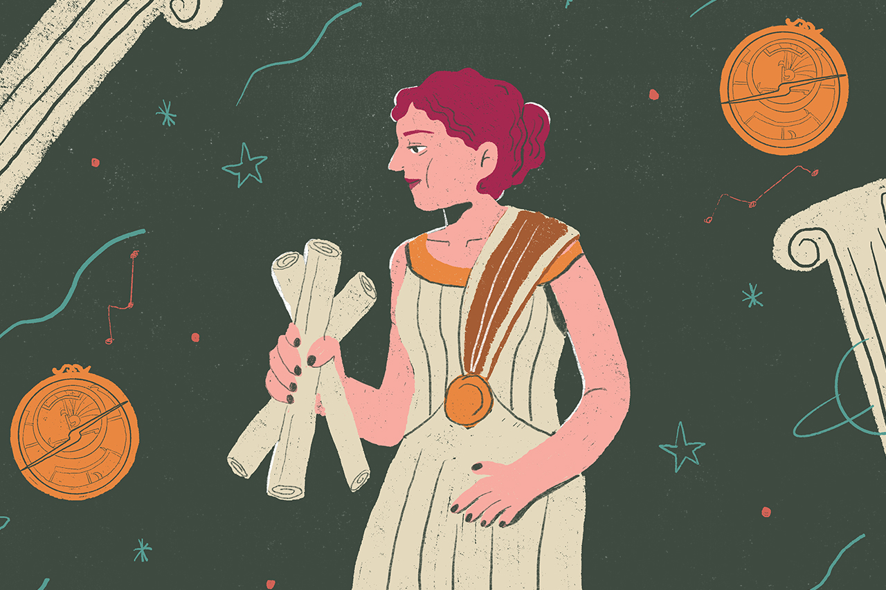 Ilustra&ccedil;&atilde;o de uma personagem feminina da antiguidade trabalhando com conceitos da matem&aacute;tica.