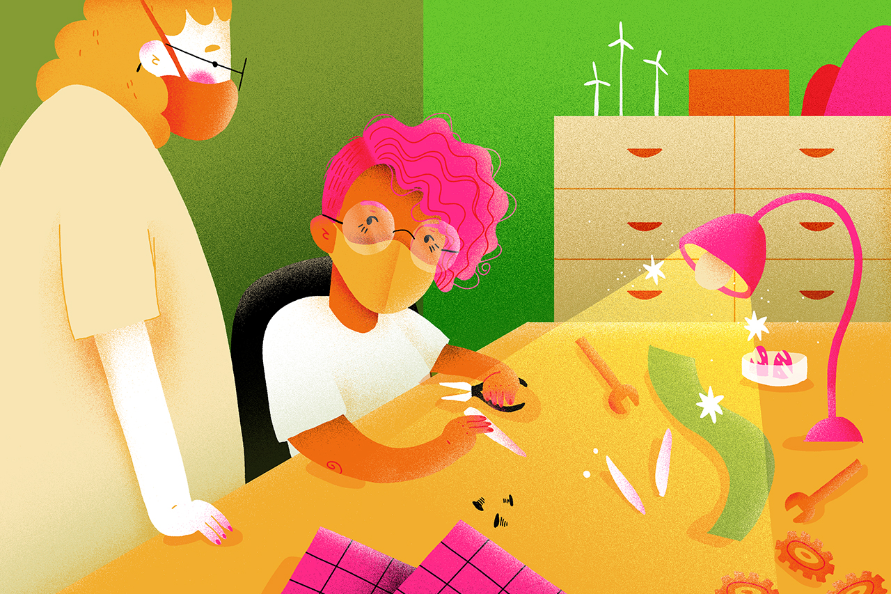 Ilustra&ccedil;&atilde;o de aluna fazendo experimentos em cima da mesa ao lado de professora que a observa.