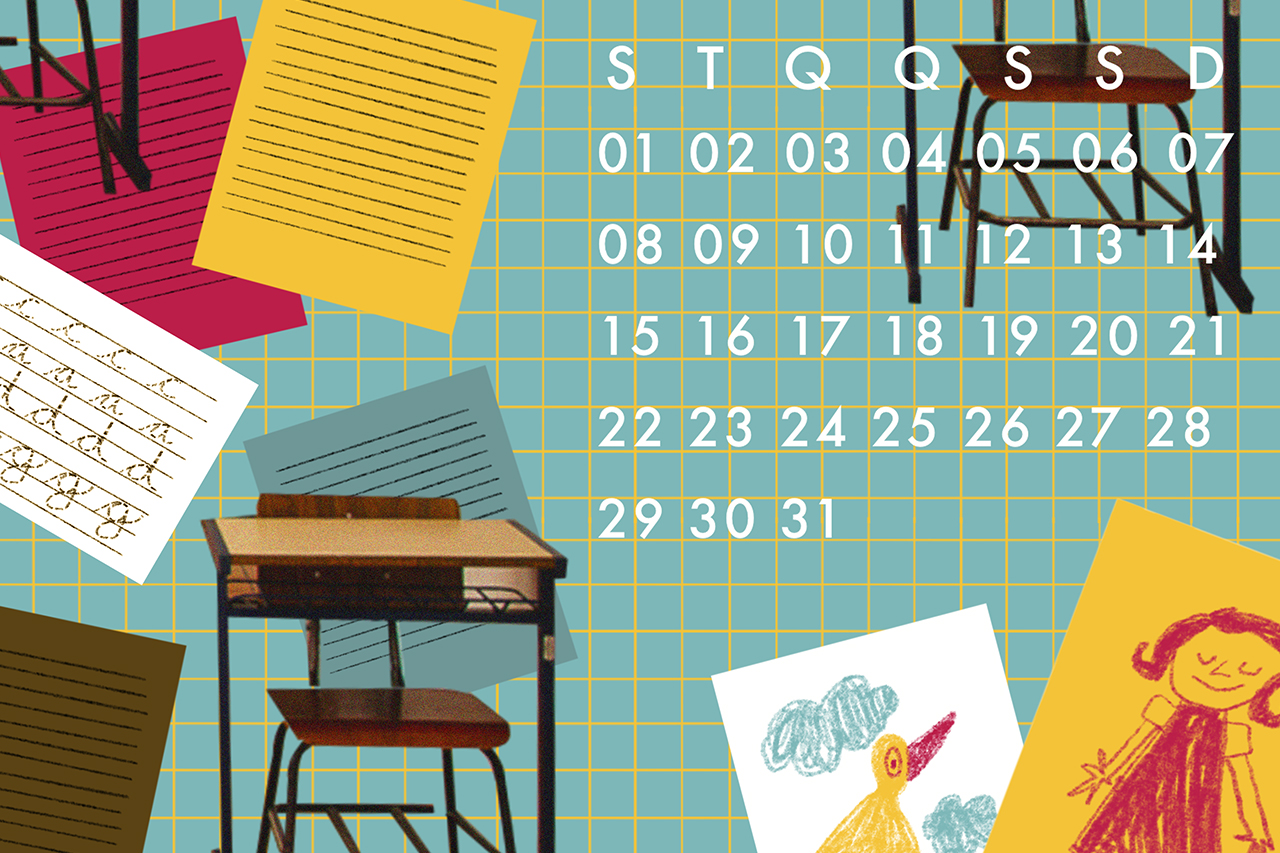 Ilustra&ccedil;&otilde;es feitas a partir de colagem sobre o tema volta &agrave;s aulas e cronograma escolar