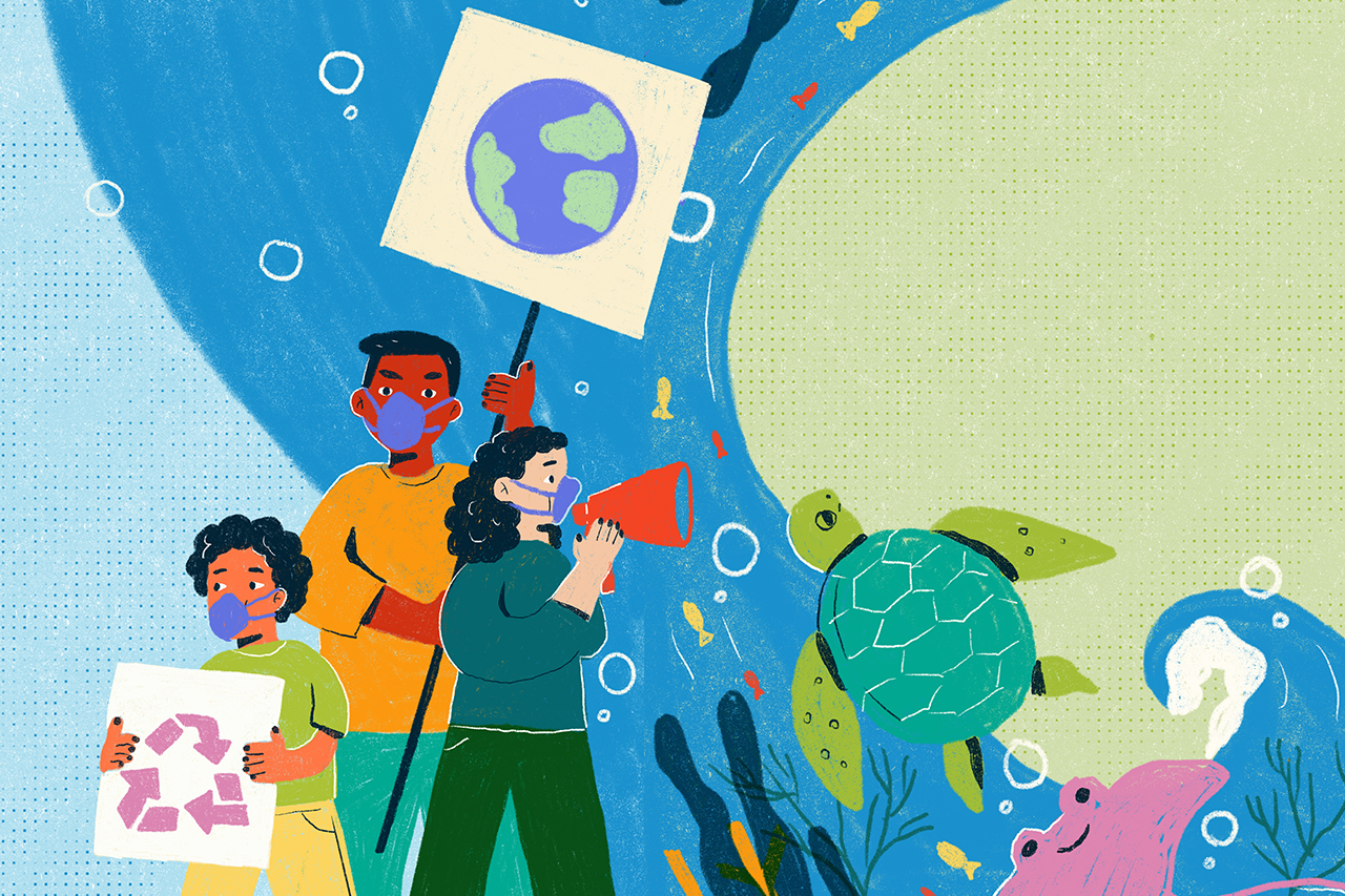 Ilustra&ccedil;&atilde;o de crian&ccedil;as e adulto em uma passeata pelo meio ambiente. Elementos abstratos e animais est&atilde;o ao fundo.
