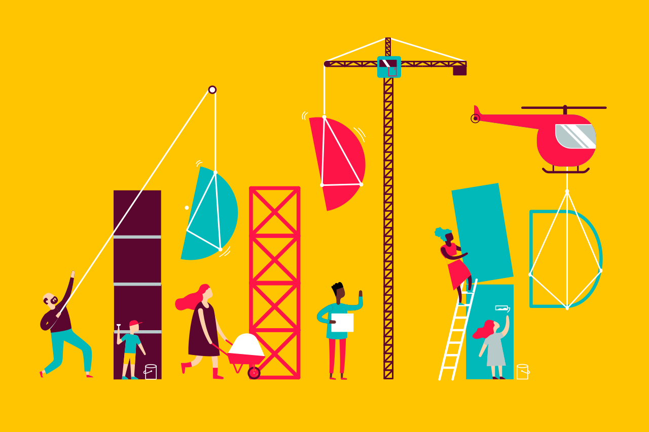 Ilustra&ccedil;&atilde;o abstrata sobre a constru&ccedil;&atilde;o do PPP (Projeto Pol&iacute;tico Pedag&oacute;gico). Pessoas construindo as letras PPP em colabora&ccedil;&atilde;o.