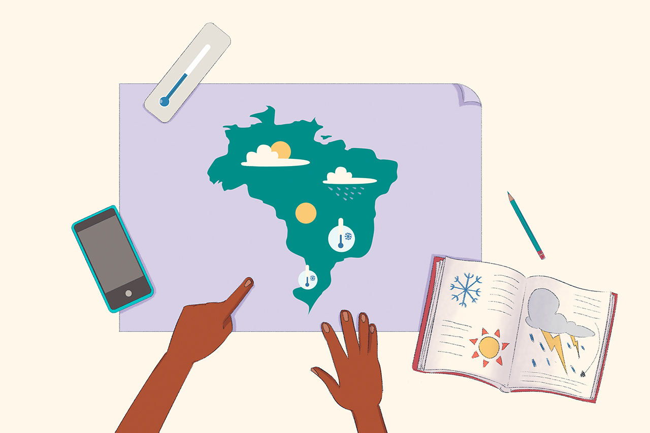 Ilustra&ccedil;&atilde;o de m&atilde;os sobre mesa fazendo trabalho com mapa mostrando o clima e temperatura em diferentes regi&otilde;es.