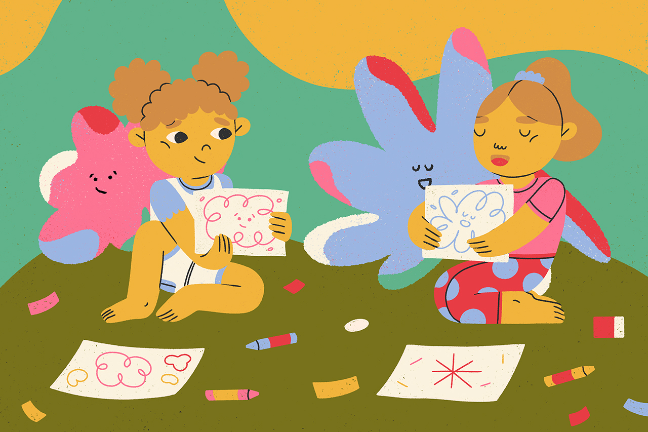 Ilustra&ccedil;&atilde;o de duas crian&ccedil;as mostrando um desenho que elas fizeram uma para a outra.