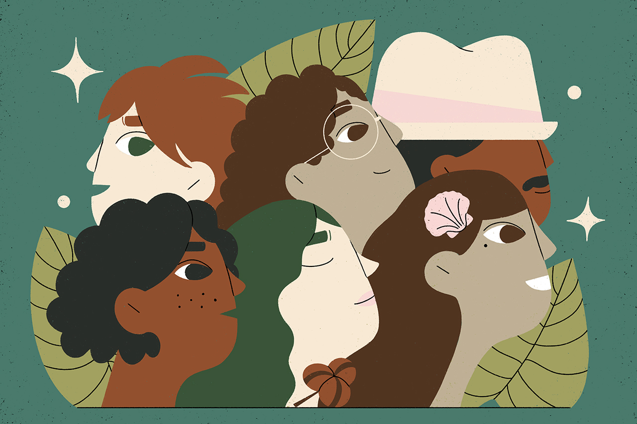 Ilustra&ccedil;&atilde;o de diversos rostos em fundo verde.