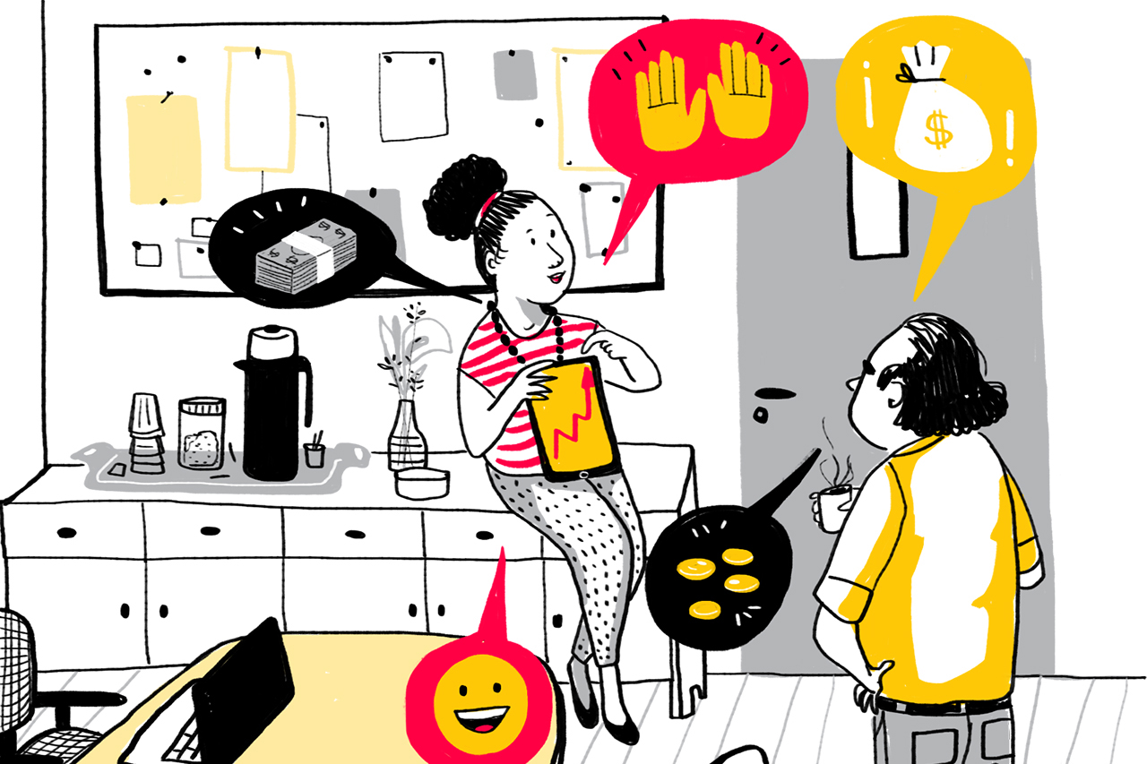 Ilustra&ccedil;&atilde;o de professores conversando sobre finan&ccedil;as e olhando para tablets e ebooks na sala dos professores.